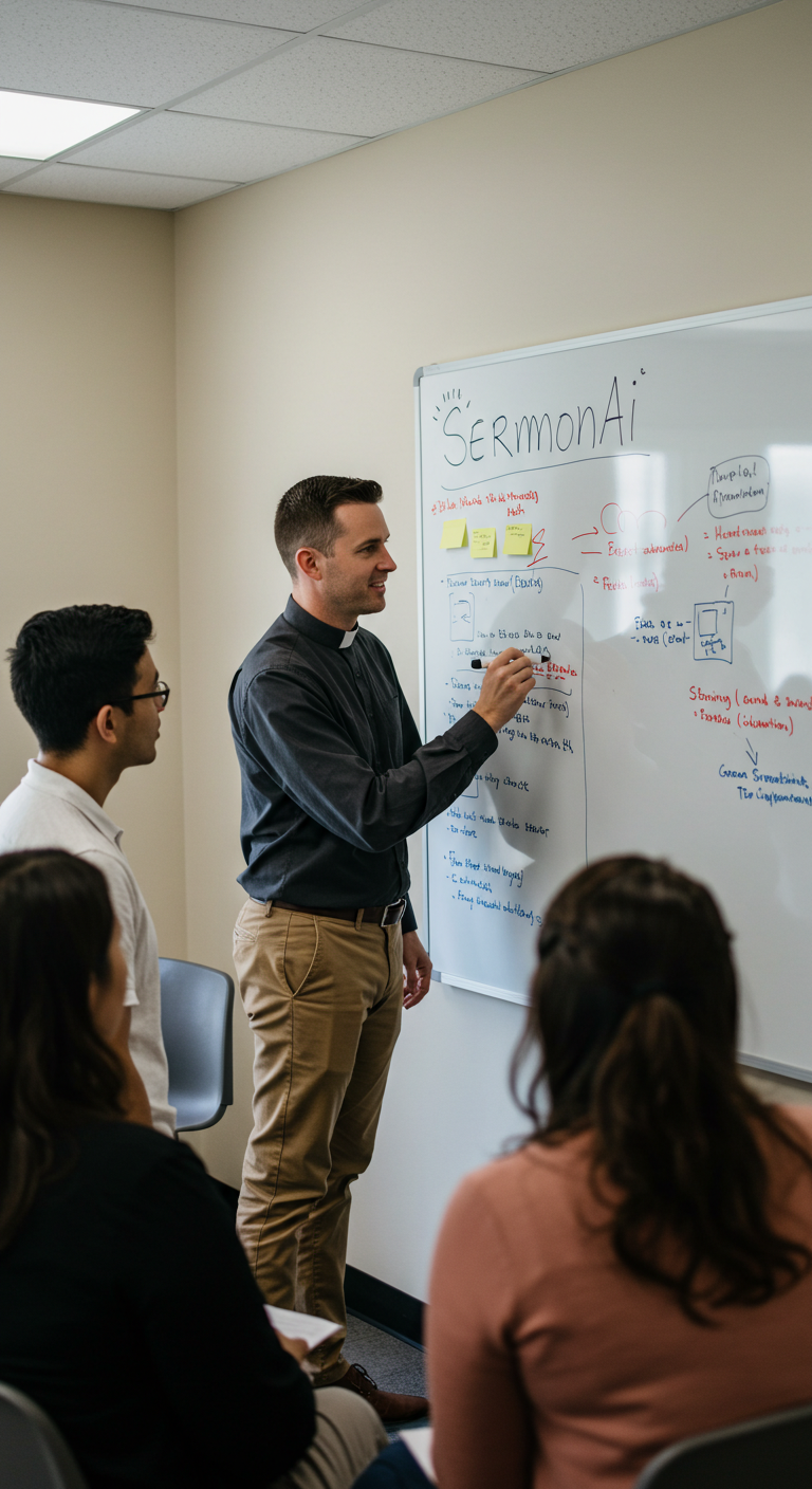 Pastors collaborating at whiteboard