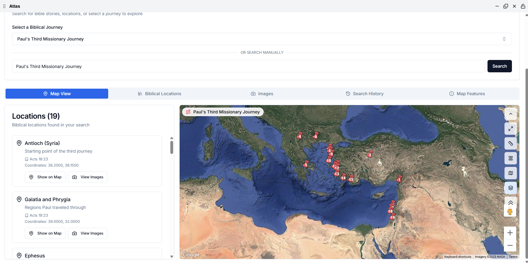 Bible Atlas Interface showing Paul's Third Missionary Journey on Google Maps
