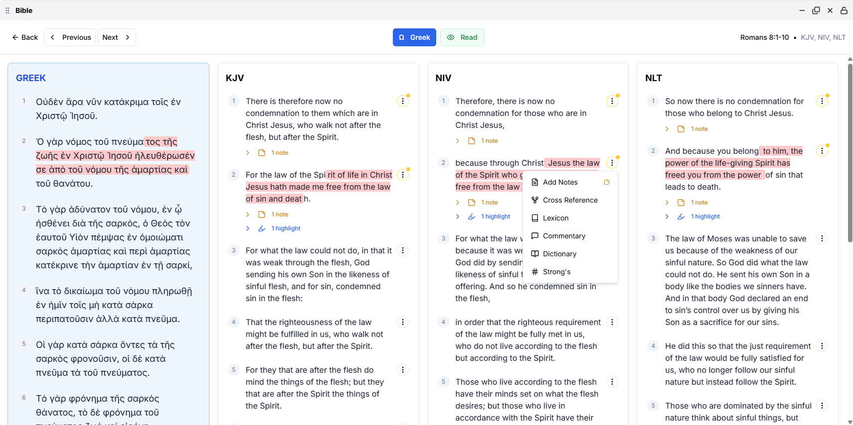 Bible Study Interface with Greek and Hebrew