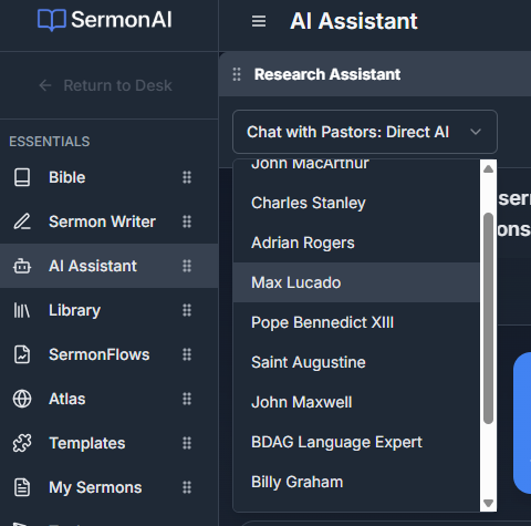 Pastor Personas Selection Interface