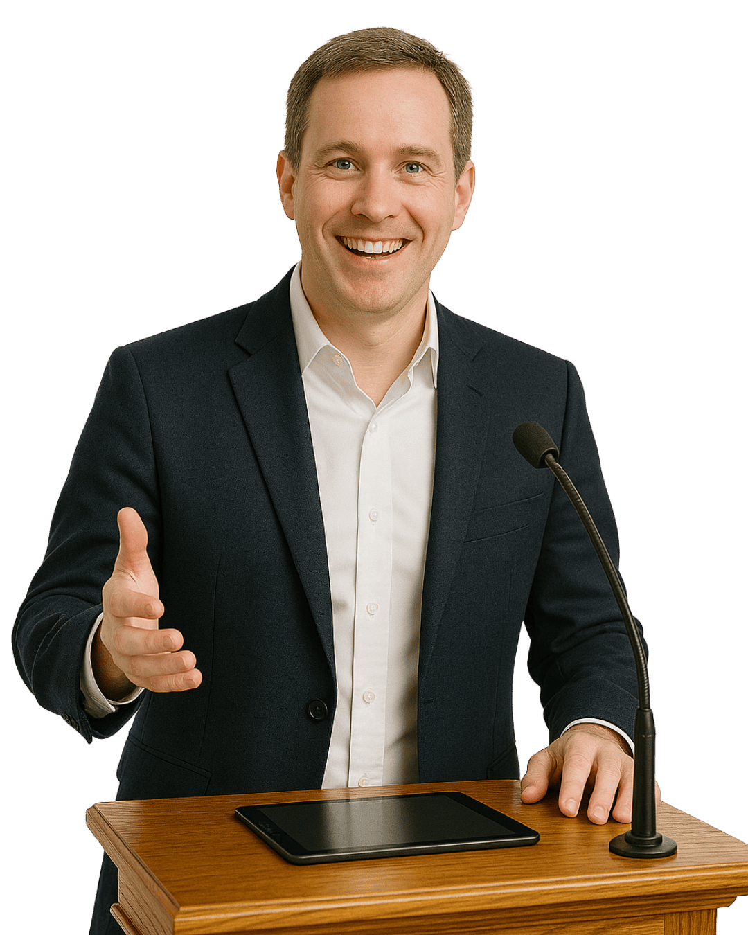 Pastor passionately preaching with microphone and digital tools