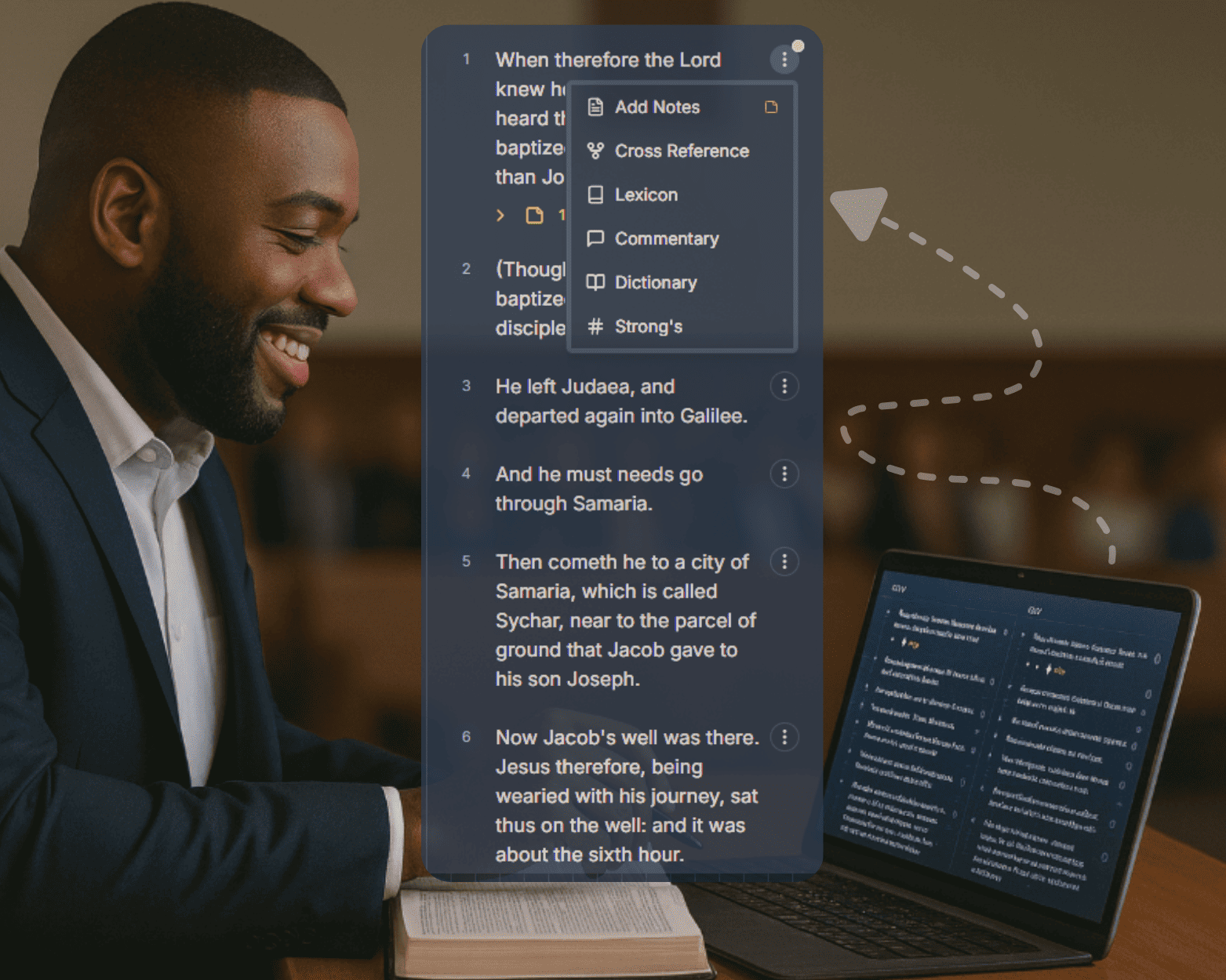 Professional pastor studying Bible with SermonAI interface displaying biblical cross-references, commentary tools, and AI-powered study resources on laptop and tablet