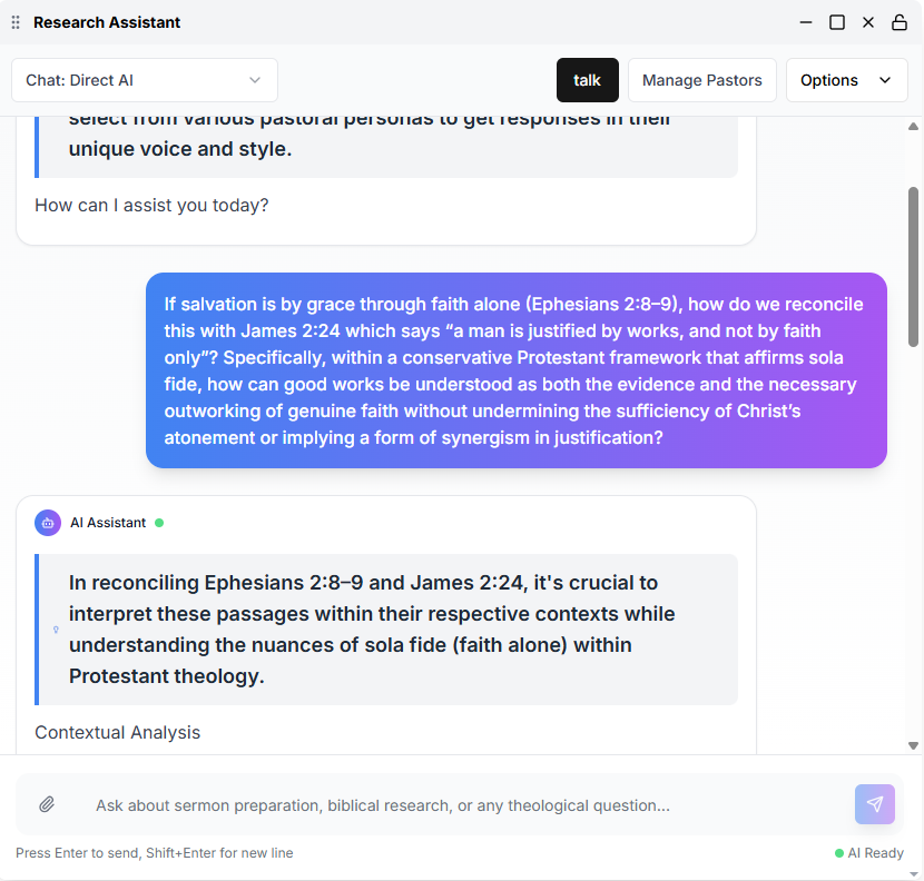 Research Assistant Interface showing theological question about Ephesians 2:8-9 and James 2:24 with AI-powered response, pastoral personas, and chat features